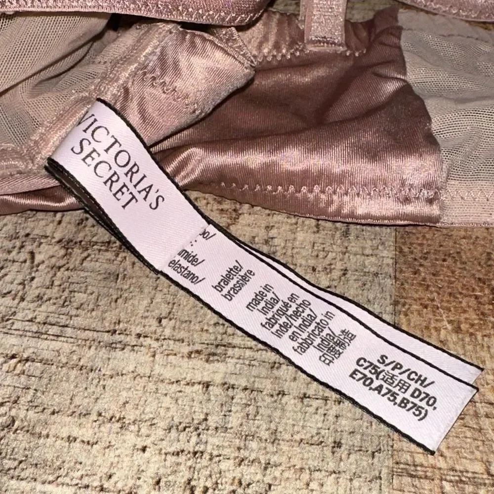 Victoria Secret Bra Strappy Mesh nude long line Satin beige sheer bralette Small